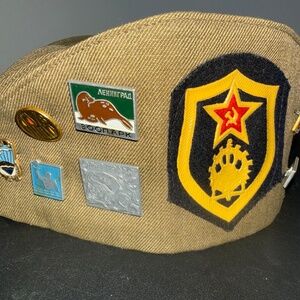 Vintage Soviet Army USSR Hat Pilotka comes with 20 USSR pins